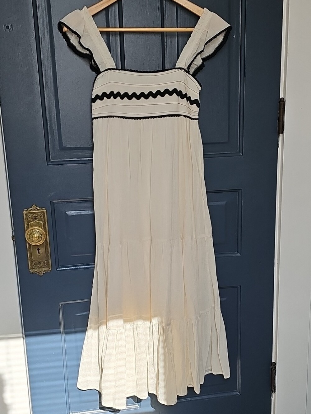 Cream Ruffled Maxi Dress with Black Trim